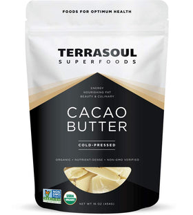 Terrasoul Organic Cacao Butter block close-up showing raw texture for skin and cooking.