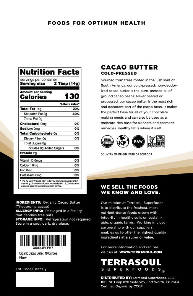 Terrasoul Organic Cacao Butter packaging showcases pure, organic status and premium quality.