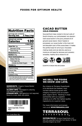 Terrasoul Organic Cacao Butter packaging showcases pure, organic status and premium quality.