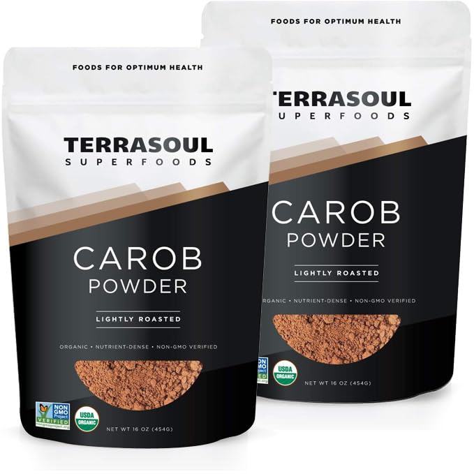 Terrasoul Organic Carob Powder 2lb pack, fiber-rich cocoa substitute for baking.