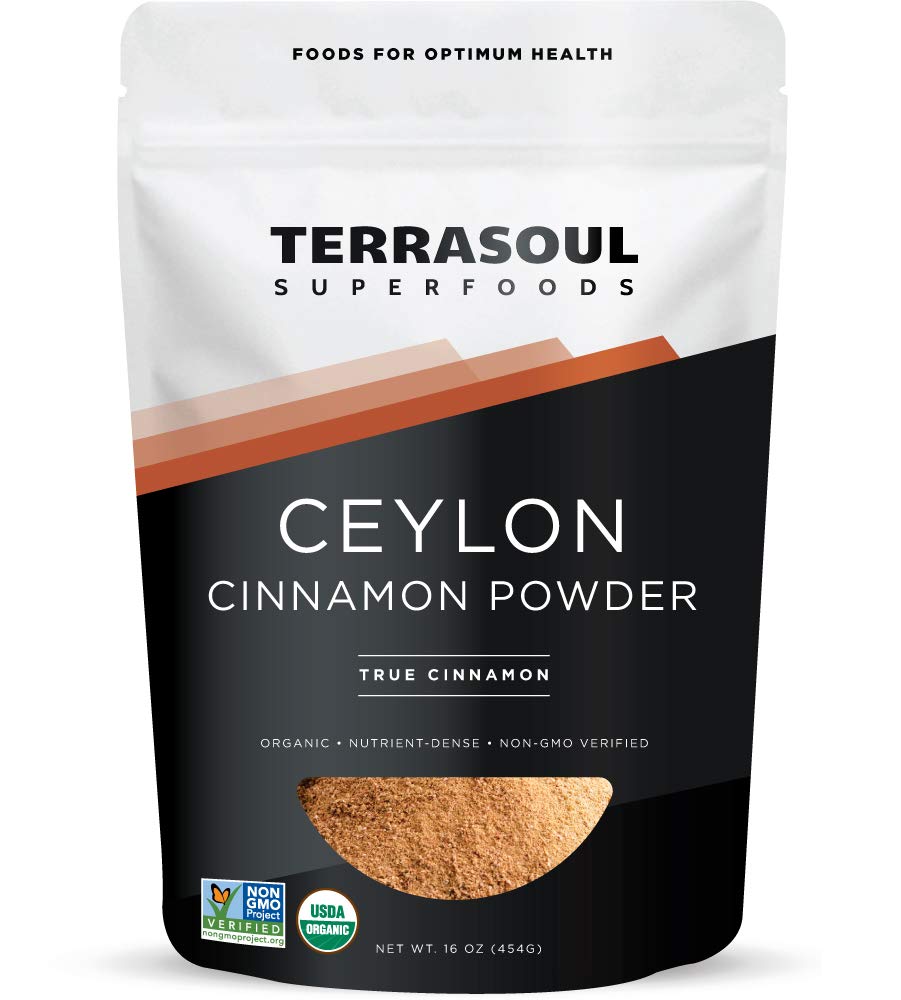 Terrasoul Organic Ceylon Cinnamon Powder container front; premium, pure spice for baking.