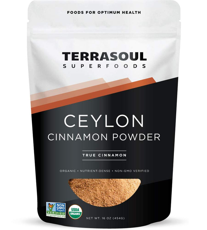 Terrasoul Organic Ceylon Cinnamon Powder container front; premium, pure spice for baking.