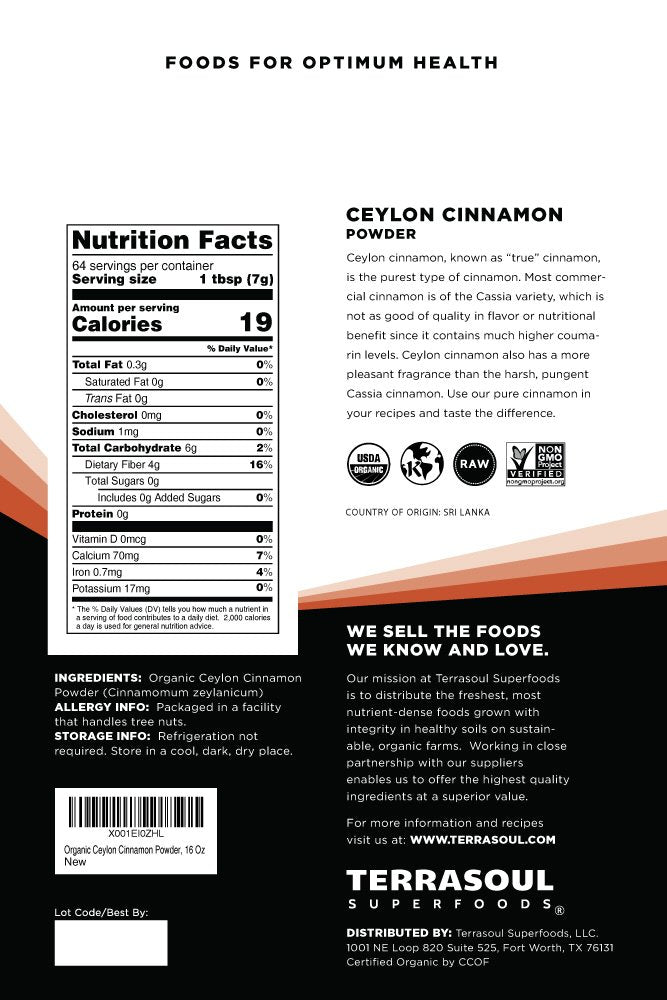 Terrasoul Organic Ceylon Cinnamon Powder label back; emphasizes organic, kosher certification.