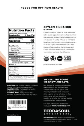 Terrasoul Organic Ceylon Cinnamon Powder label back; emphasizes organic, kosher certification.