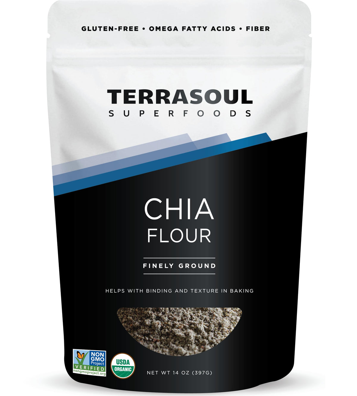 Terrasoul Organic Chia Flour bag showing resealable packaging for easy storage