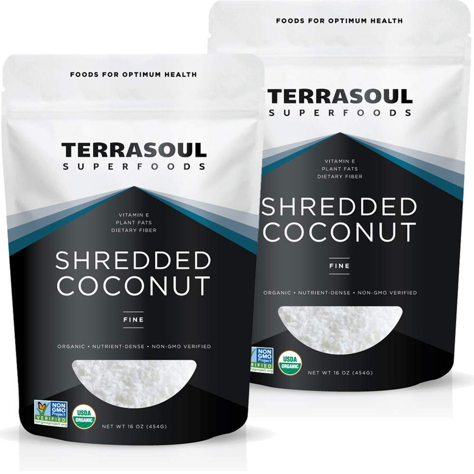 Terrasoul Organic Coconut Flakes 2lb pack close-up texture for baking and toppings.