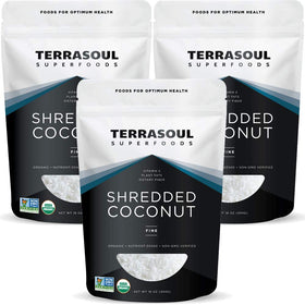 Terrasoul Organic Coconut Flakes close-up of fine shreds for gluten-free baking.