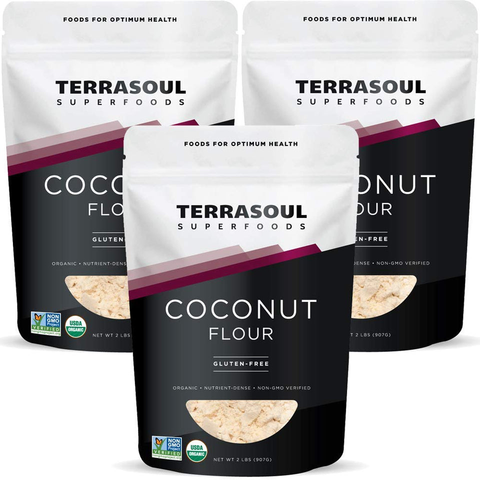 Terrasoul Organic Coconut Flour packaging shows premium organic ingredients for gluten-free baking