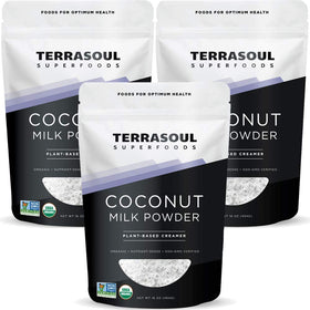 Terrasoul Organic Coconut Milk Powder packaging showing a convenient three-pack for dairy-free use.