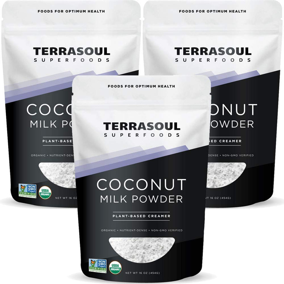 Terrasoul Organic Coconut Milk Powder packaging showing a convenient three-pack for dairy-free use.