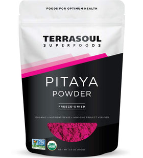 Terrasoul Pitaya Powder jar close-up showing vibrant color for smoothies.
