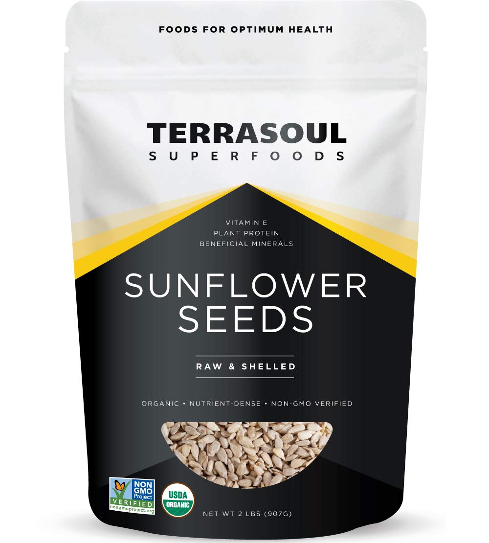 Terrasoul Organic Hulled Sunflower Seeds in a 2lb bag, ready for snacking.