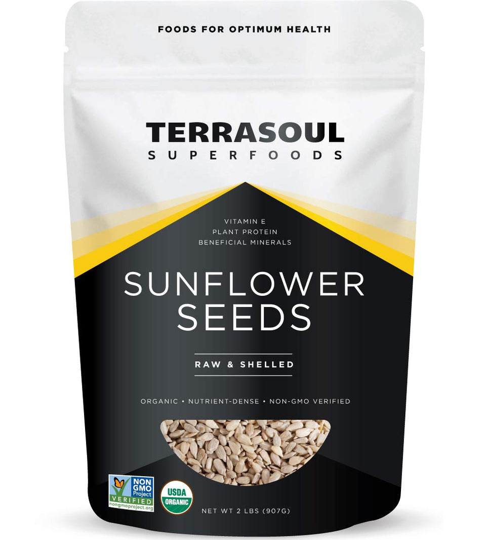 Terrasoul Organic Hulled Sunflower Seeds in a 2lb bag, ready for snacking.