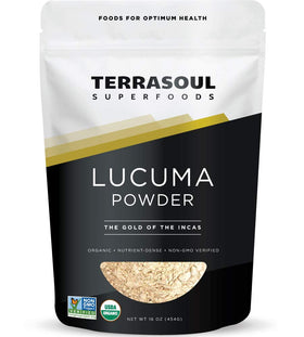 Terrasoul Organic Lucuma Powder 16oz bag with organic certification.