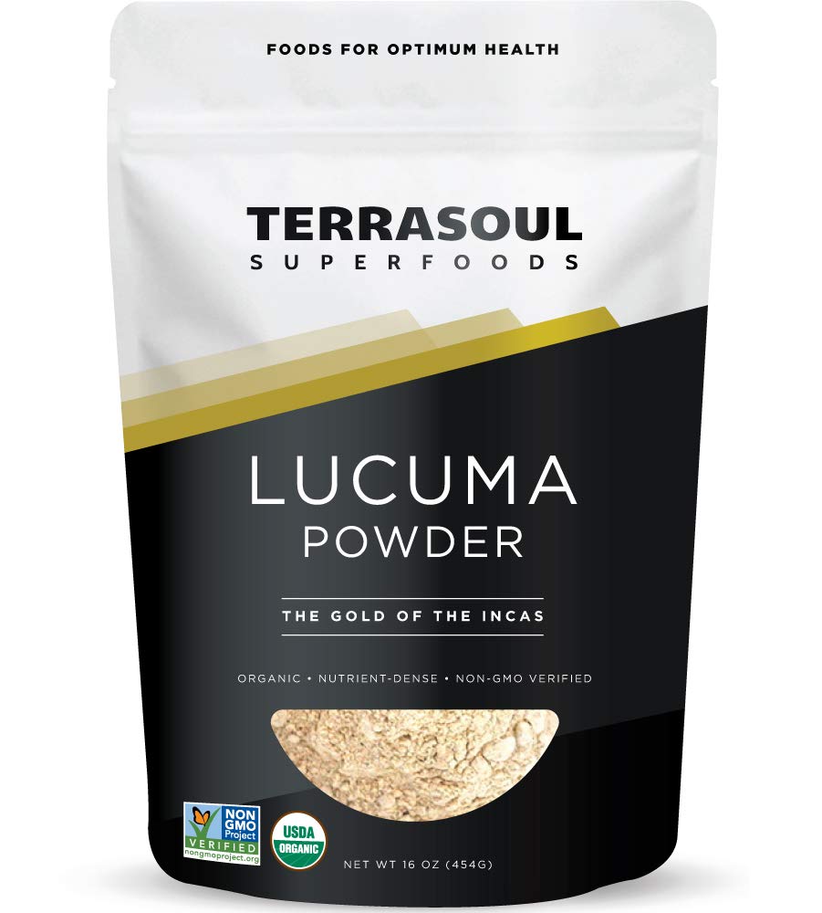 Terrasoul Organic Lucuma Powder 16oz bag with organic certification.