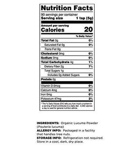 Terrasoul Organic Lucuma Powder packaging label highlights ingredients and certifications.