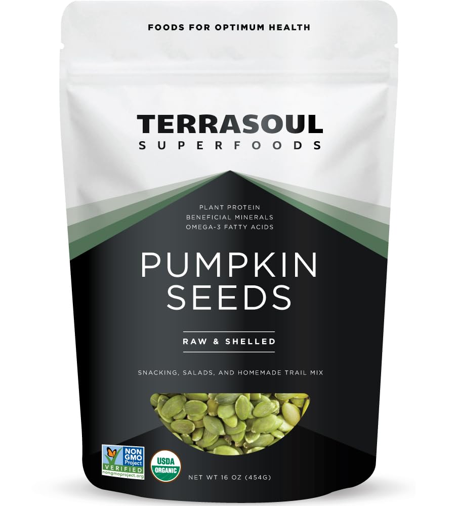 Terrasoul Organic Pumpkin Seeds front-pack shot; raw, unsalted and perfect for snacking.
