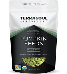 Terrasoul Organic Pumpkin Seeds front-pack shot; raw, unsalted and perfect for snacking.