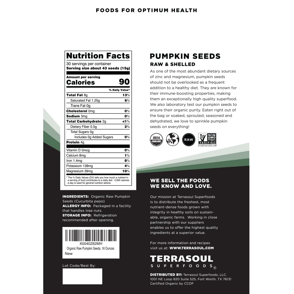 Terrasoul Organic Pumpkin Seeds salad-topper; adds crunch and nutty flavor.
