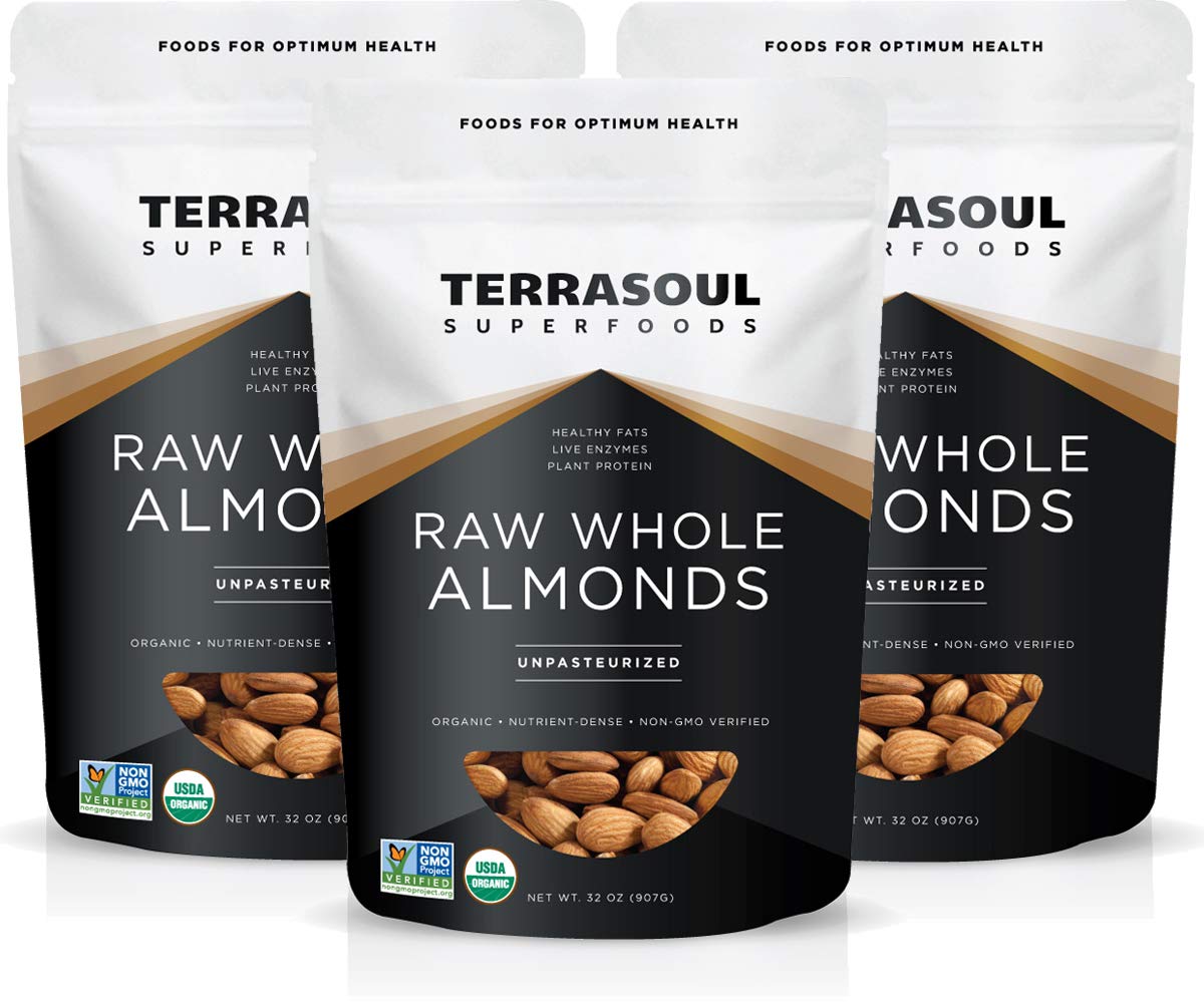 Terrasoul Organic Raw Almonds in a 6 lb case, front view for fresh snacking.