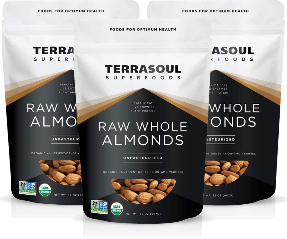 Terrasoul Organic Raw Almonds in a 6 lb case, front view for fresh snacking.