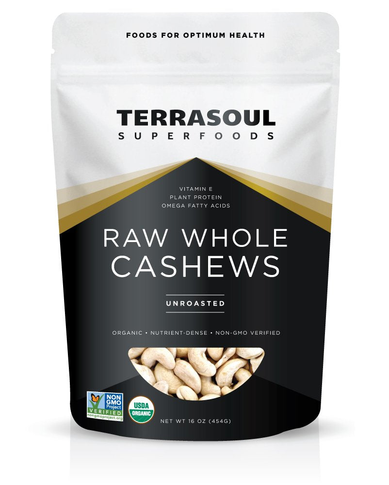 Terrasoul Organic Raw Cashews 16oz pack ideal for snacking and recipes.