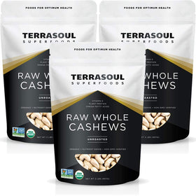 Terrasoul Organic Raw Cashews in resealable bags ready for snacking.