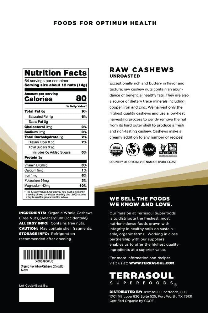 Terrasoul Superfoods raw cashews in a bowl ideal for creamy cashew milk.