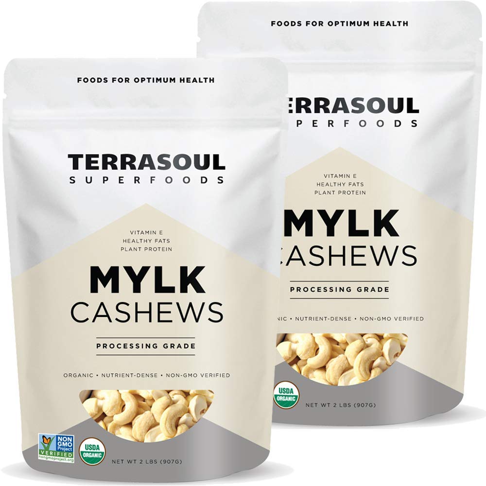 Terrasoul Organic Raw Cashews Mylk Grade 2lb bags front, ideal for quick snacking.