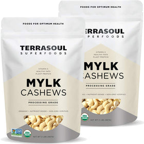 Terrasoul Organic Raw Cashews Mylk Grade 2lb bags front, ideal for quick snacking.