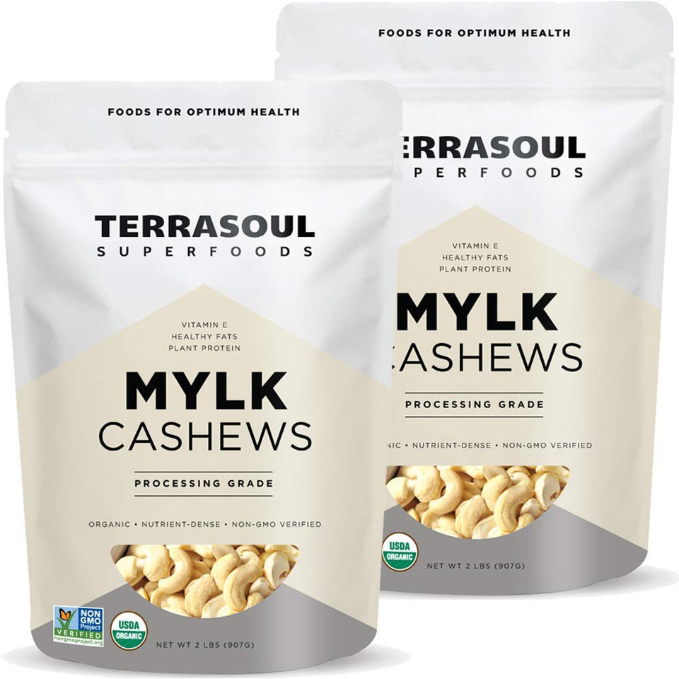 Terrasoul Organic Raw Cashews Mylk Grade 2lb bags front, ideal for quick snacking.