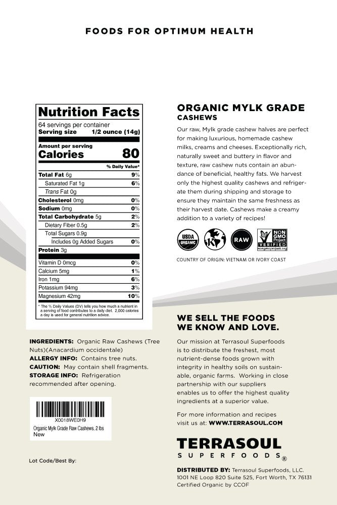 Terrasoul Organic Raw Cashews Mylk Grade 2lb packs sealed, preserving freshness.
