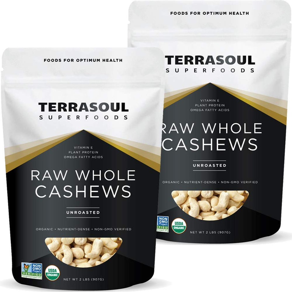 Terrasoul Organic Raw Cashews in two 2lb packs, ready for fresh snacking.