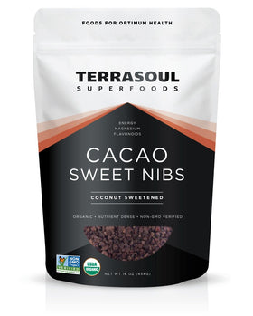 Terrasoul Organic Sweet Cacao Nibs pack shot for versatile snacking and baking