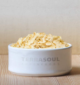 Terrasoul organic toasted coconut chips packaging showing unsweetened format.
