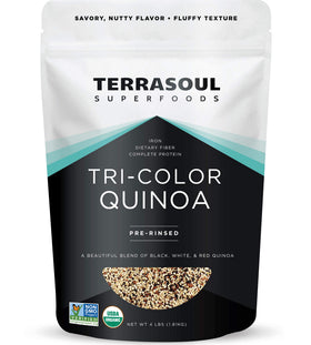 Terrasoul Organic Tri-Colored Quinoa 4lb bag offers a colorful, protein-rich base for meals.