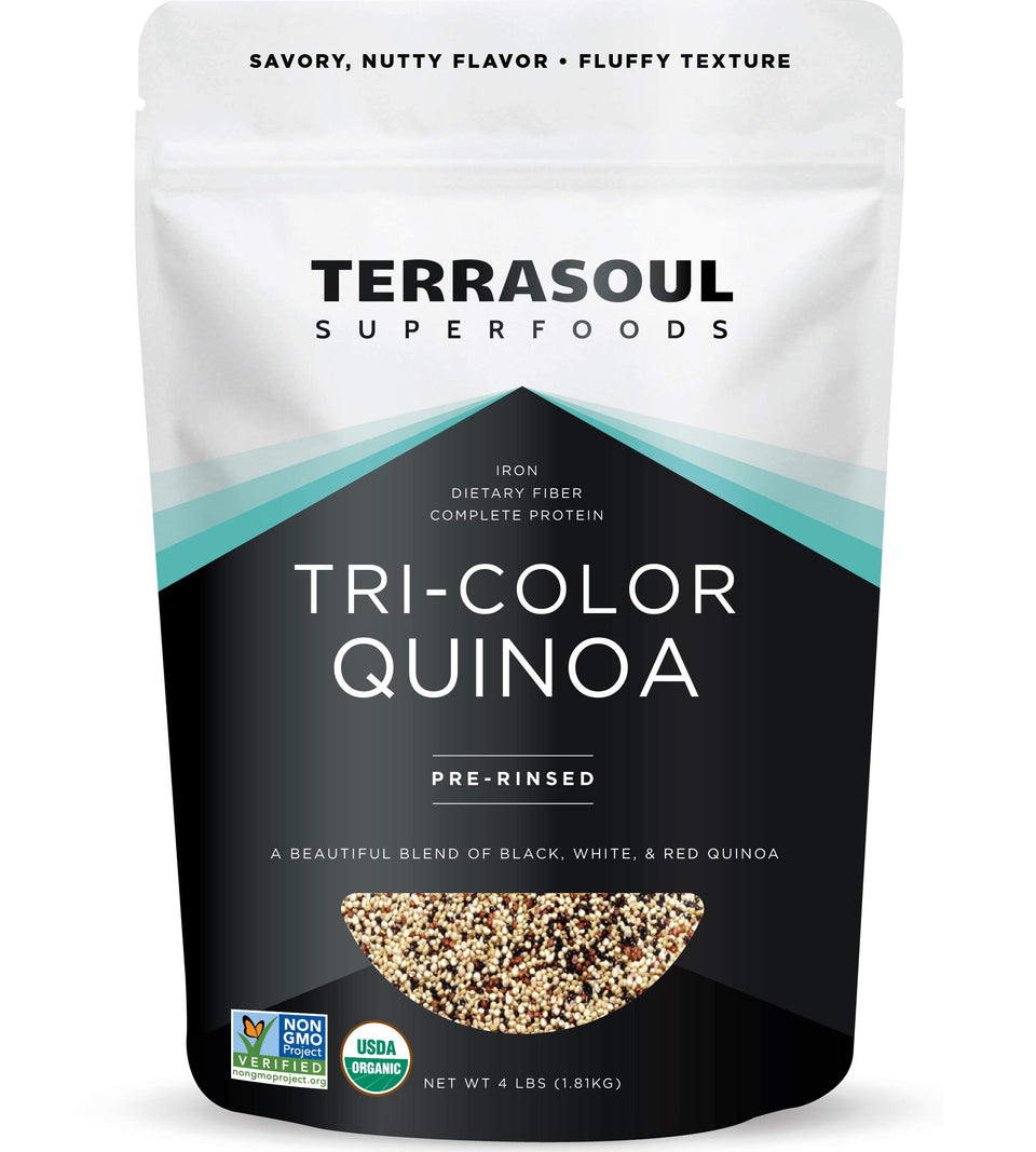 Terrasoul Organic Tri-Colored Quinoa 4lb bag offers a colorful, protein-rich base for meals.