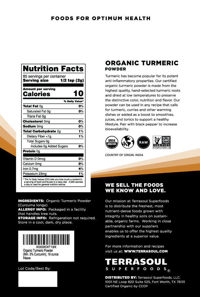 Terrasoul Organic Turmeric Powder back label confirms organic, non-GMO, vegan certifications.