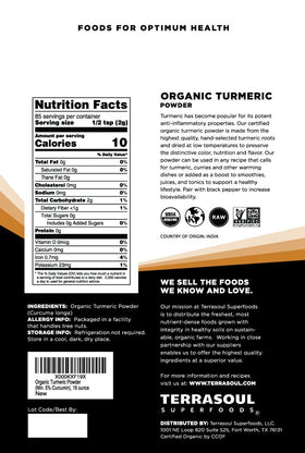 Terrasoul Organic Turmeric Powder back label confirms organic, non-GMO, vegan certifications.