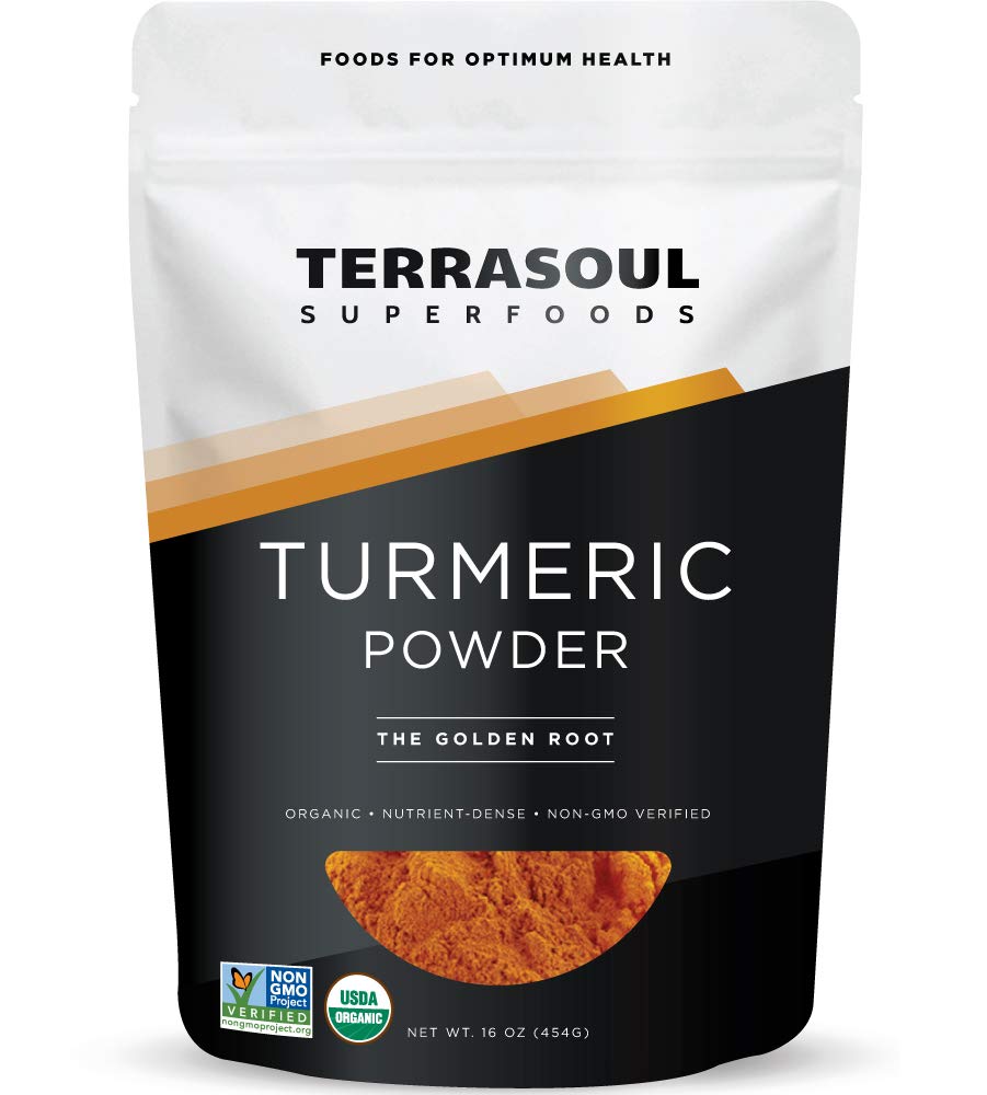Terrasoul Organic Turmeric Powder pouch front shows vibrant golden color ready for curries.
