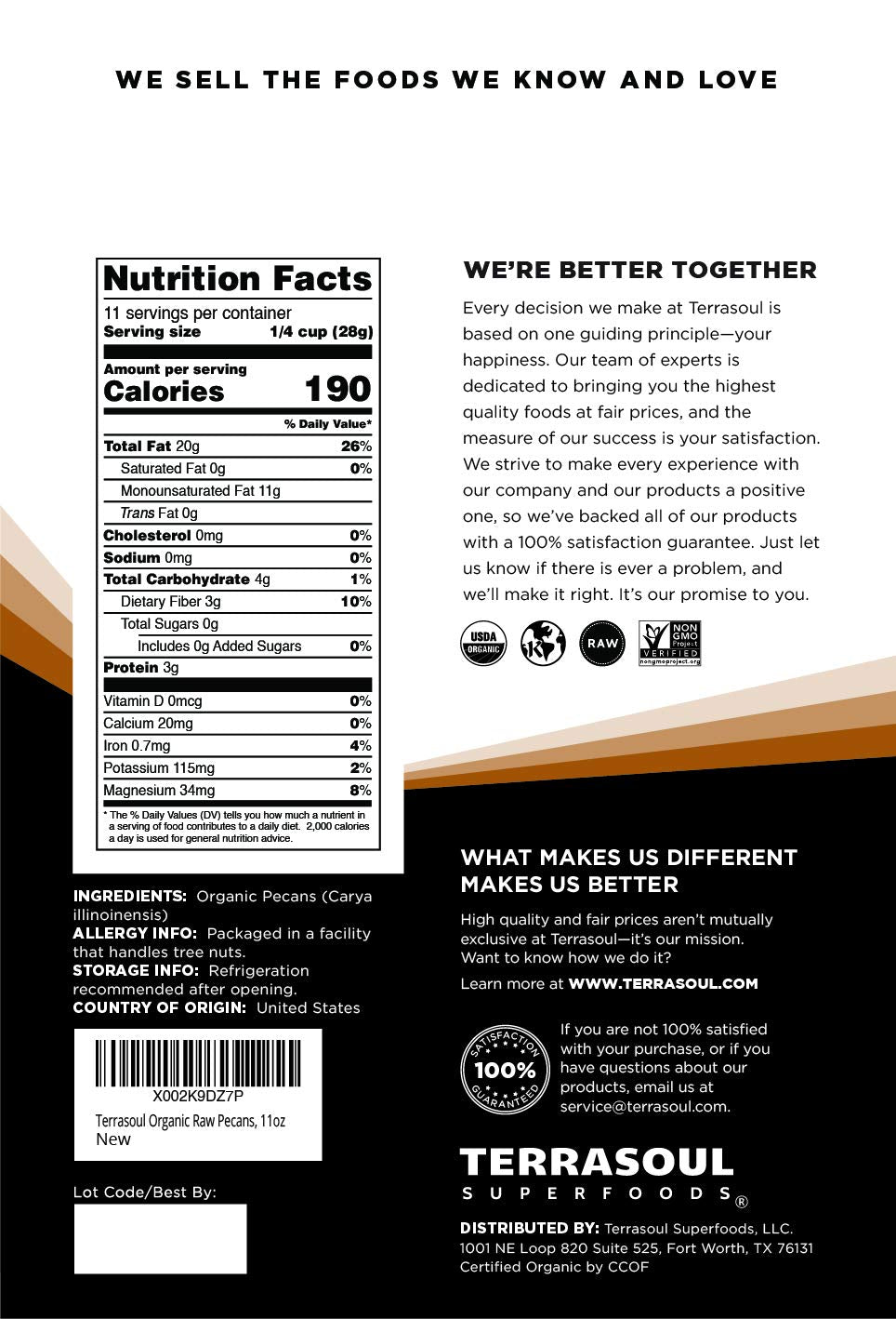 Terrasoul Pecans organic certification label indicating quality and clean ingredients