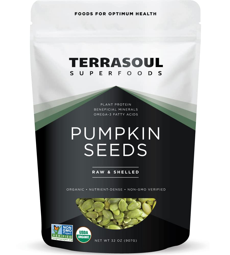 Terrasoul pumpkin seeds bag closeup, raw unsalted kernels ideal for snacking and toppings.