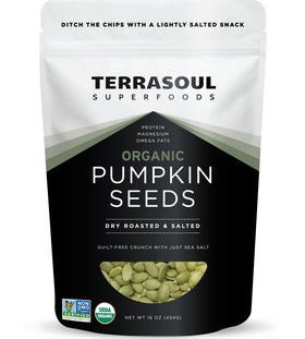 Terrasoul pumpkin seeds dry-roasted in a bowl for a crunchy, protein-rich snack.