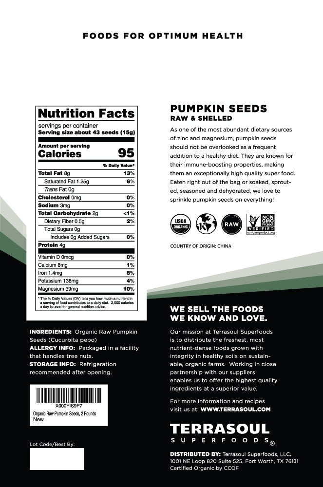 Terrasoul pumpkin seeds raw pour shot, perfect for adding to smoothies or oatmeal.
