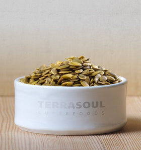 Terrasoul pumpkin seeds roasted in a bowl for a crunchy snack.