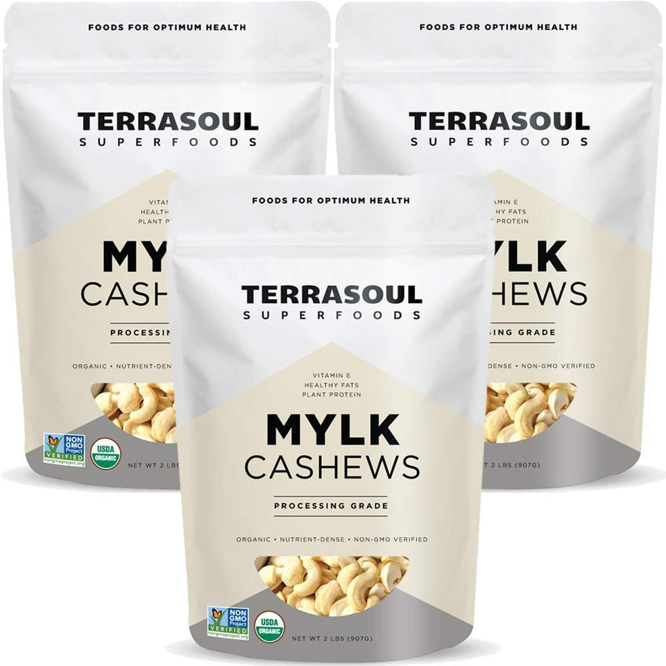 Terrasoul Organic Raw Cashews Mylk Grade in a 3-pack for dairy-free milks and desserts.