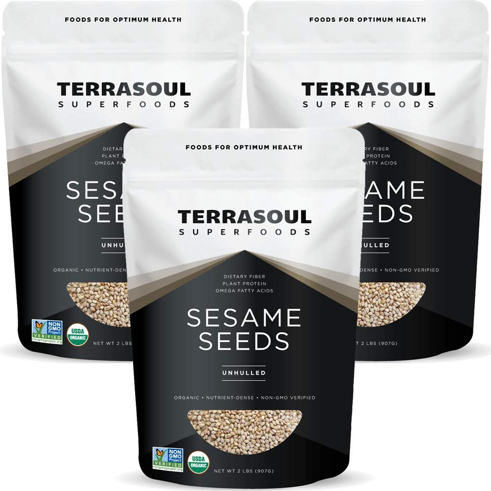 Terrasoul Superfoods organic unhulled sesame seeds bag closeup, perfect for baking and toppings.
