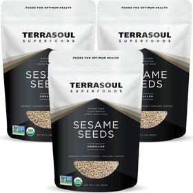 Terrasoul Superfoods organic unhulled sesame seeds bag closeup, perfect for baking and toppings.