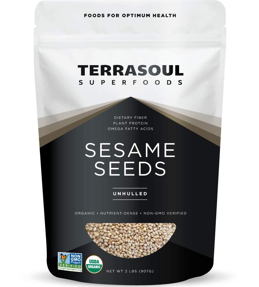 Terrasoul Organic Unhulled Sesame Seeds package close-up shows nutty aroma ideal for baking