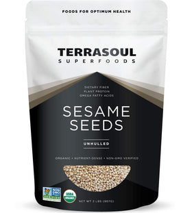 Terrasoul Organic Unhulled Sesame Seeds package close-up shows nutty aroma ideal for baking